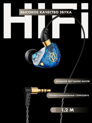 Изображение товара Наушники с микрофоном / разъём jack 3.5 мм / гарнитура / проводные наушники /синий цвет