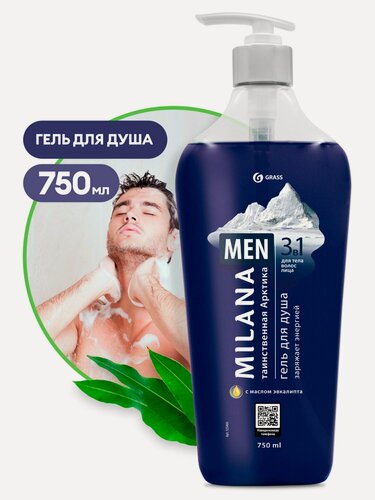 Изображение товара Гель для душа Grass Milana Таинственная арктика мужской 3 в 1 для тела, волос и лица, с маслом эвкалипта, 750 мл