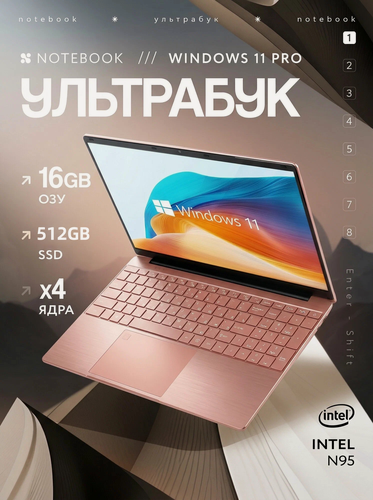 Изображение товара 15,6" Ноутбук для работы и учебы, RAM 16 ГБ, SSD 512GB, IPS Full HD 1920x1080, Intel N95, Windows 11, цвет Розовый