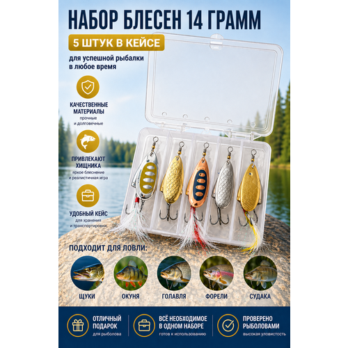 Набор блёсен-вертушек для рыбалки (5 шт, 14 грамм) – универсальные, на щуку, окуня, судака, форель, карпа + кейс