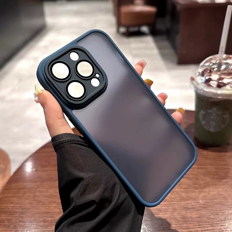 Футляр для iPhone 16 Pro Max с матовым покрытием, анти-отпечатки, встроенный защитный экран, темно-синий