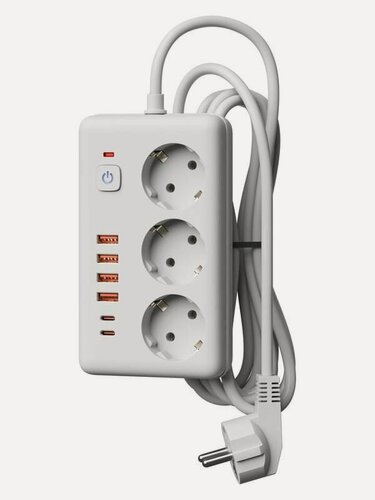 Изображение товара Удлинитель с сетевым фильтром 3х5м 10А 4USB + 2USBC 2500Вт ПВС 3х1 прямоуг. бел. Космос FKsmPR-5m-3g(W)USB