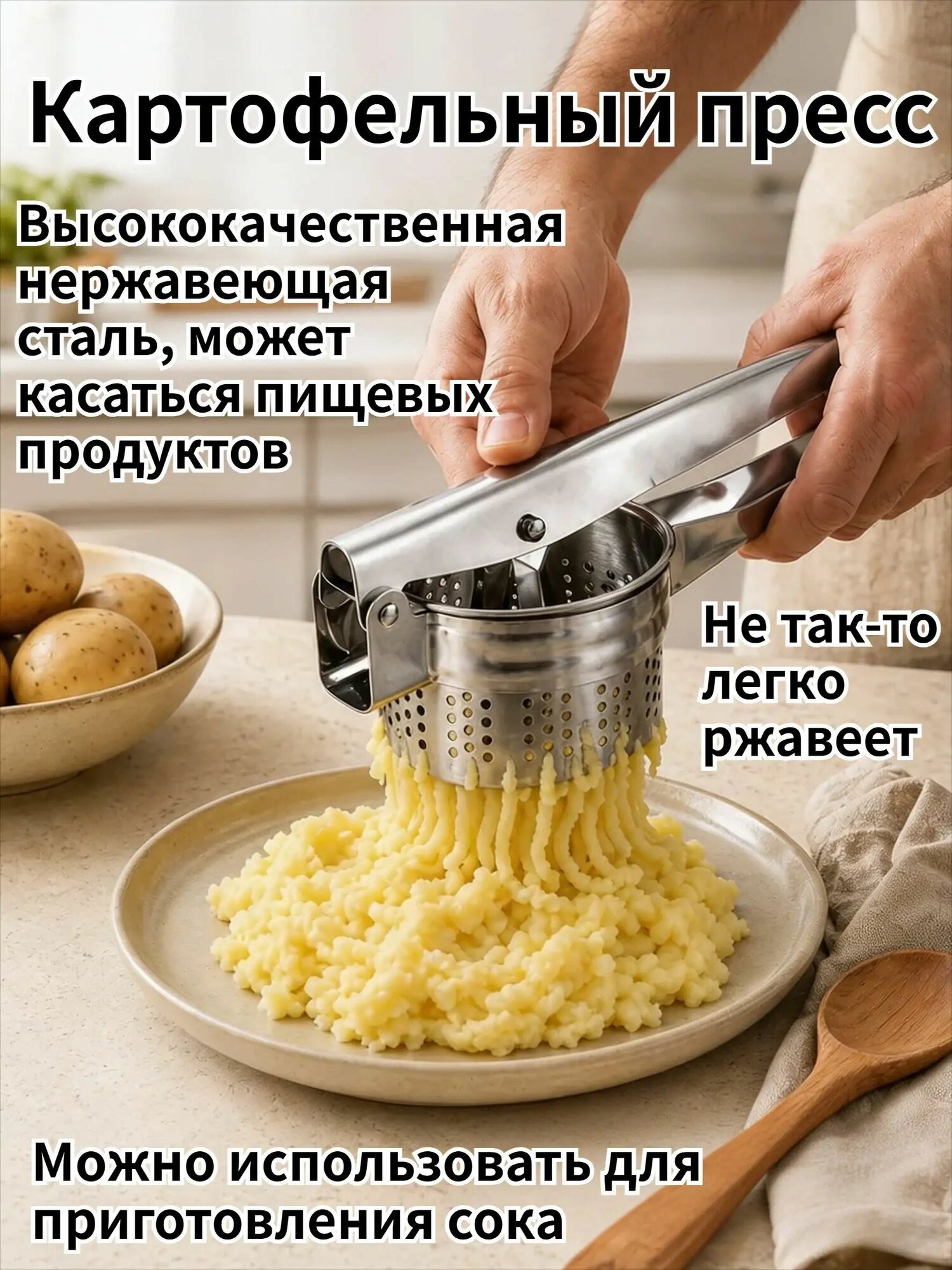 Большая картофелемялка емкостью 15 унций, машинка для измельчения картофеля и овощей из нержавеющей стали, кухонные инструменты с эргономичными ручками, приспособления для отжима и разминания