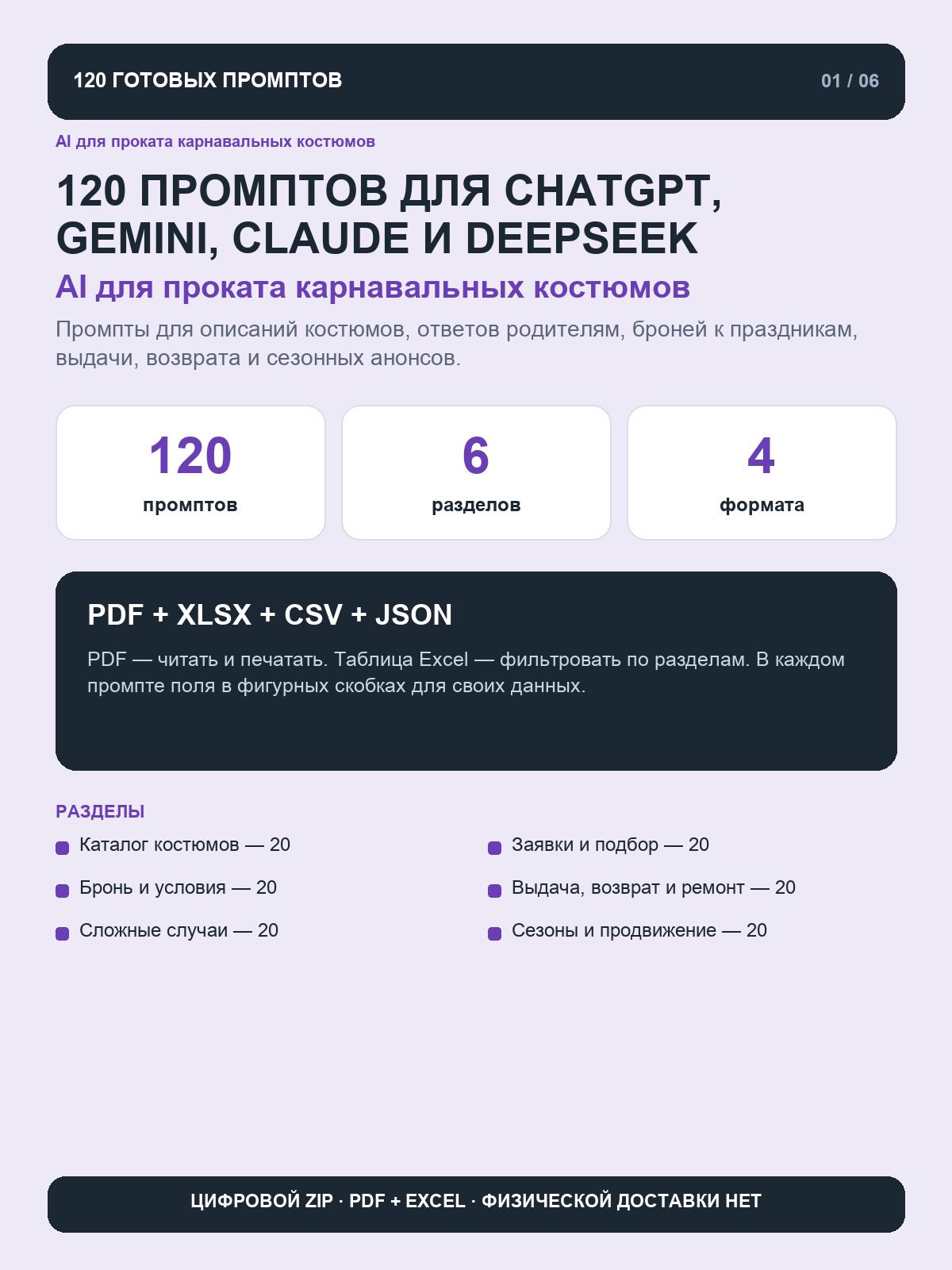 AI для проката карнавальных костюмов: 120 промптов для ChatGPT, Gemini, Claude и DeepSeek, цифровая книга PDF A4
