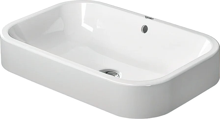 Накладная раковина Duravit Happy D 60 накладная, без отверстия под смеситель, фарфоровая, со встроенным сливом-переливом, прямоугольная, раковина для ванной, белая