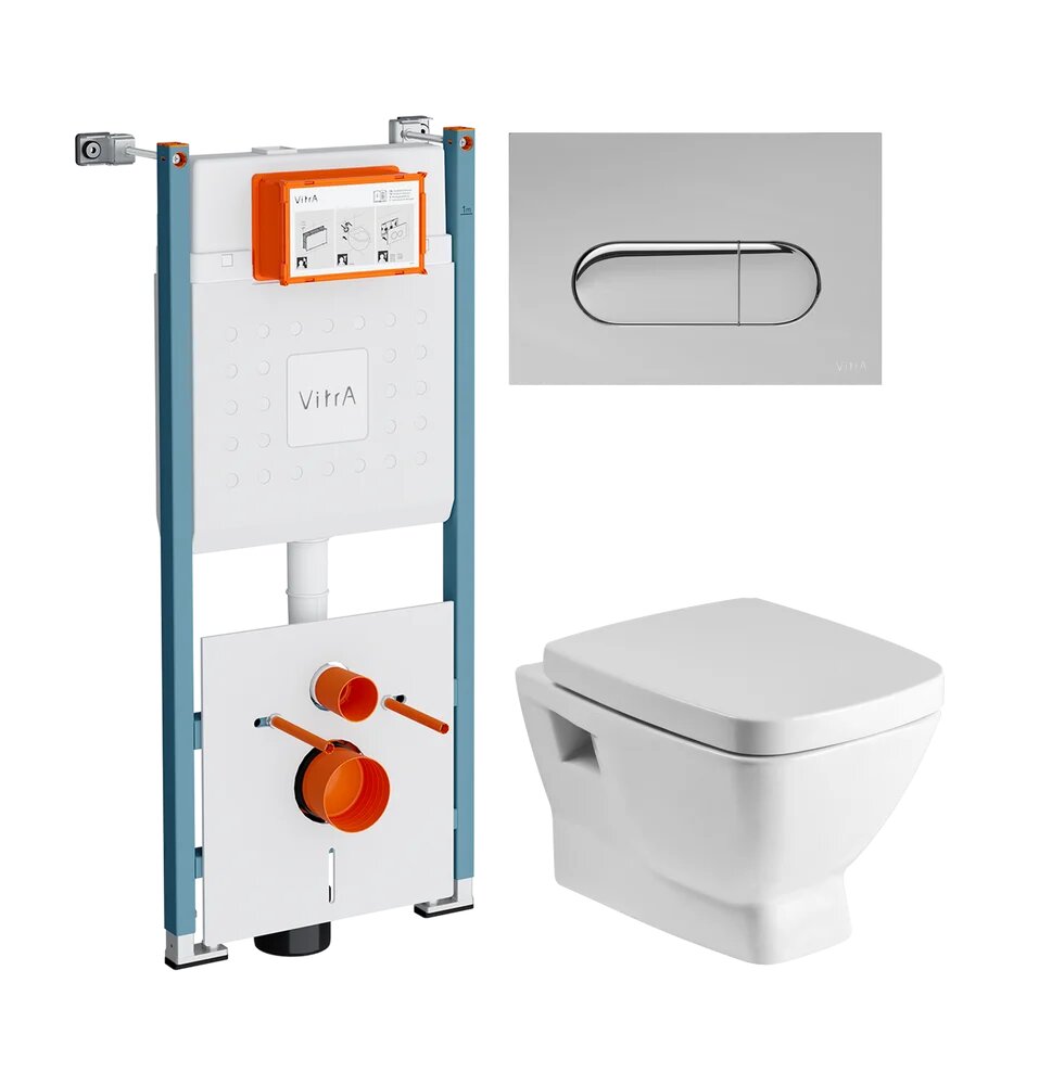 Комплект 3 в 1 Унитаз подвесной Santek Нео 1WH302423 / Инсталляция VitrA Ви-Фикс Кор (V-Fix Core) 732-5800-01PV / Кнопка Рут Раунд (Root Round) 740-2280 цвет хром