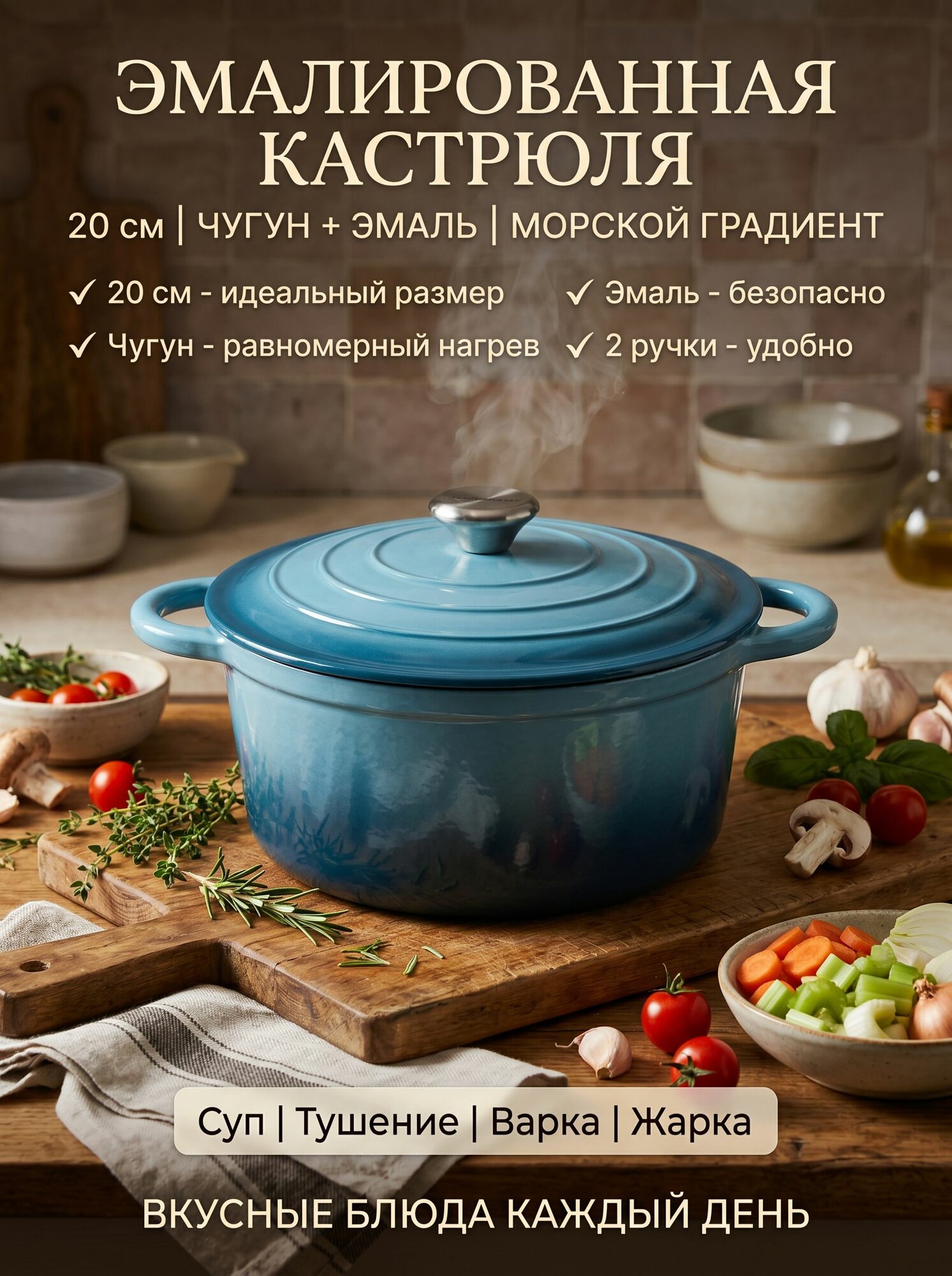 Сотейник с крышкой 2 л 20 см чугун с антипригарным покрытием синий