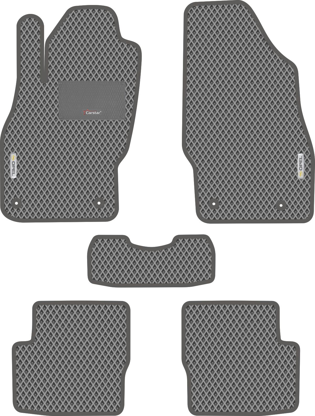 Автомобильные коврики EVA для Opel Corsa D (2006-2014), с каучуковым подпятником и 2 эмблемами Opel, серые с серым кантом, ячейка - ромб