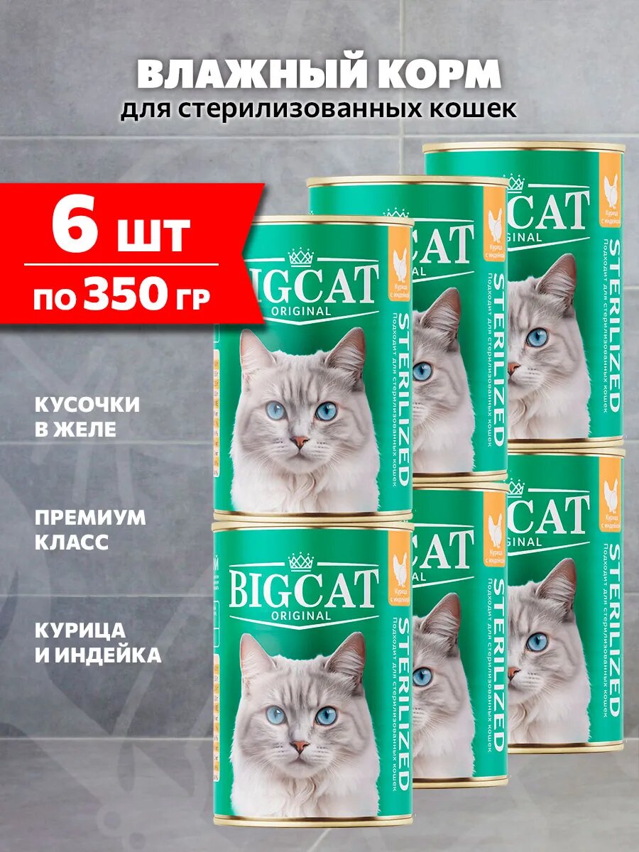 Корм влажный Зоогурман Big Cat Sterilized для стерилизованных кошек, курица и индейка в желе, 350 г 6 шт