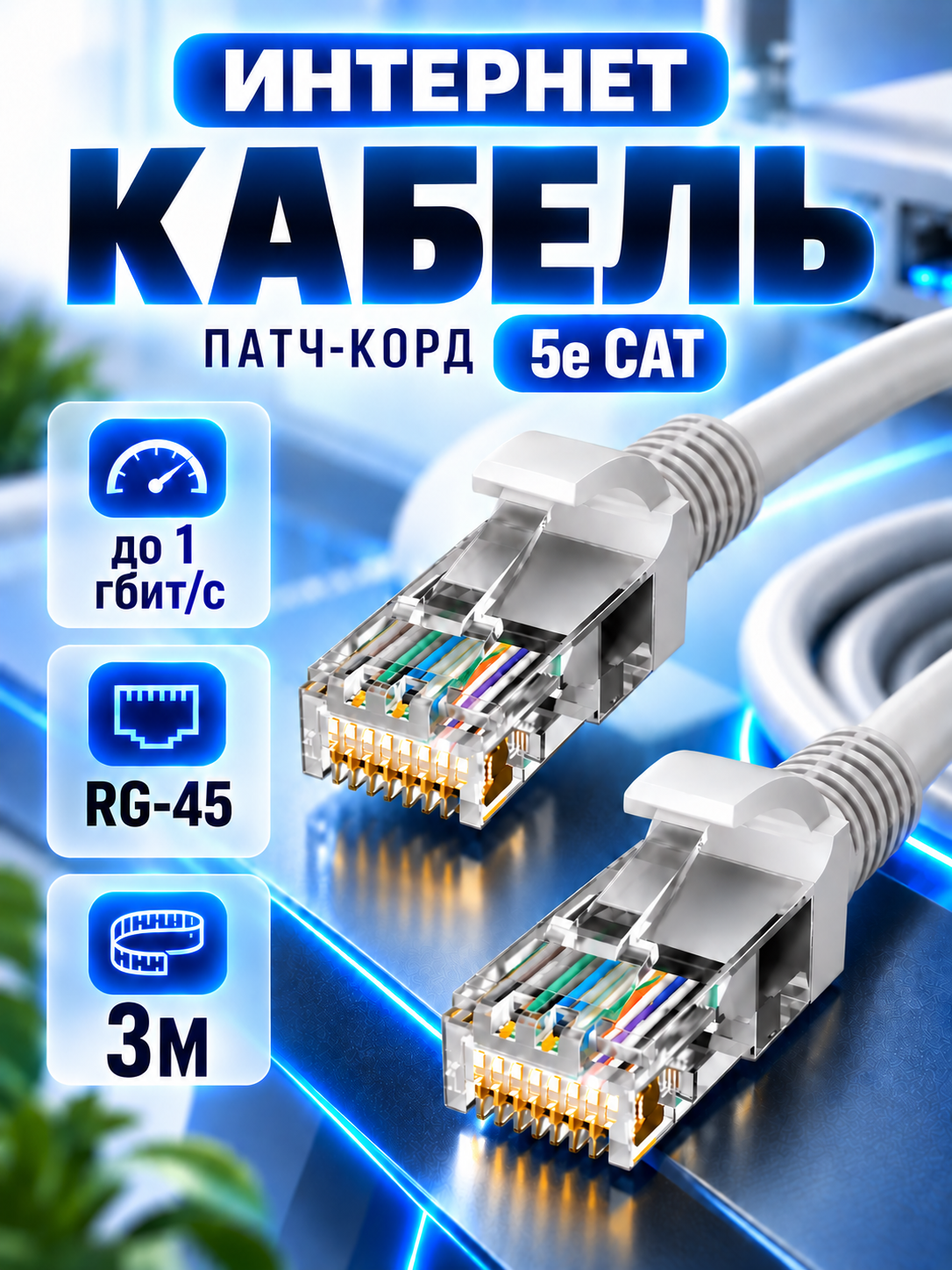 Интернет кабель патчкорд UTP 5e cat 3 метра