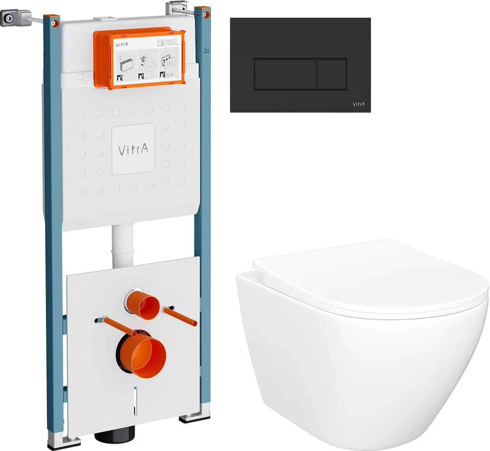 Комплект 6 в 1: Инсталляция VitrA Ви-Фикс Кор (V-Fix Core) 732-5800-01PV / Унитаз подвесной Кронборг S28401WH безободковый / Сиденье с микролифтом, Кнопка Рут Скуэр (Root Square) черная матовая, Комплект шумоизоляции, креплений