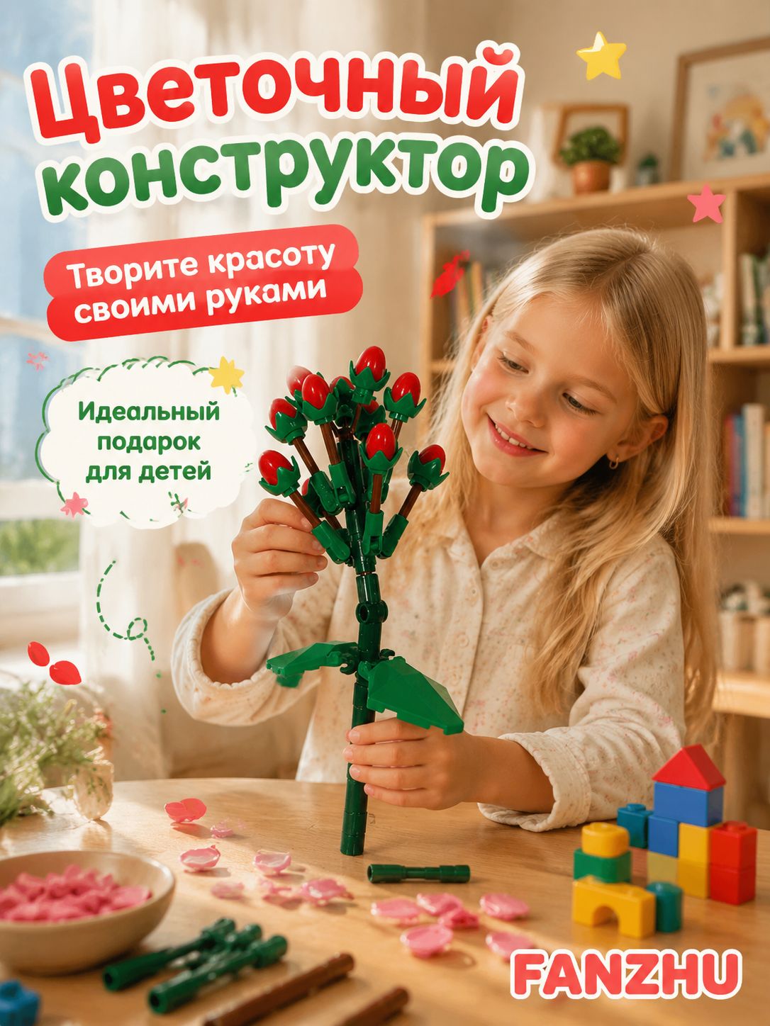 Конструктор цветы, 74деталей (3D цветы, совместим с lego сreator, лего совместимый, подарок для девочек)