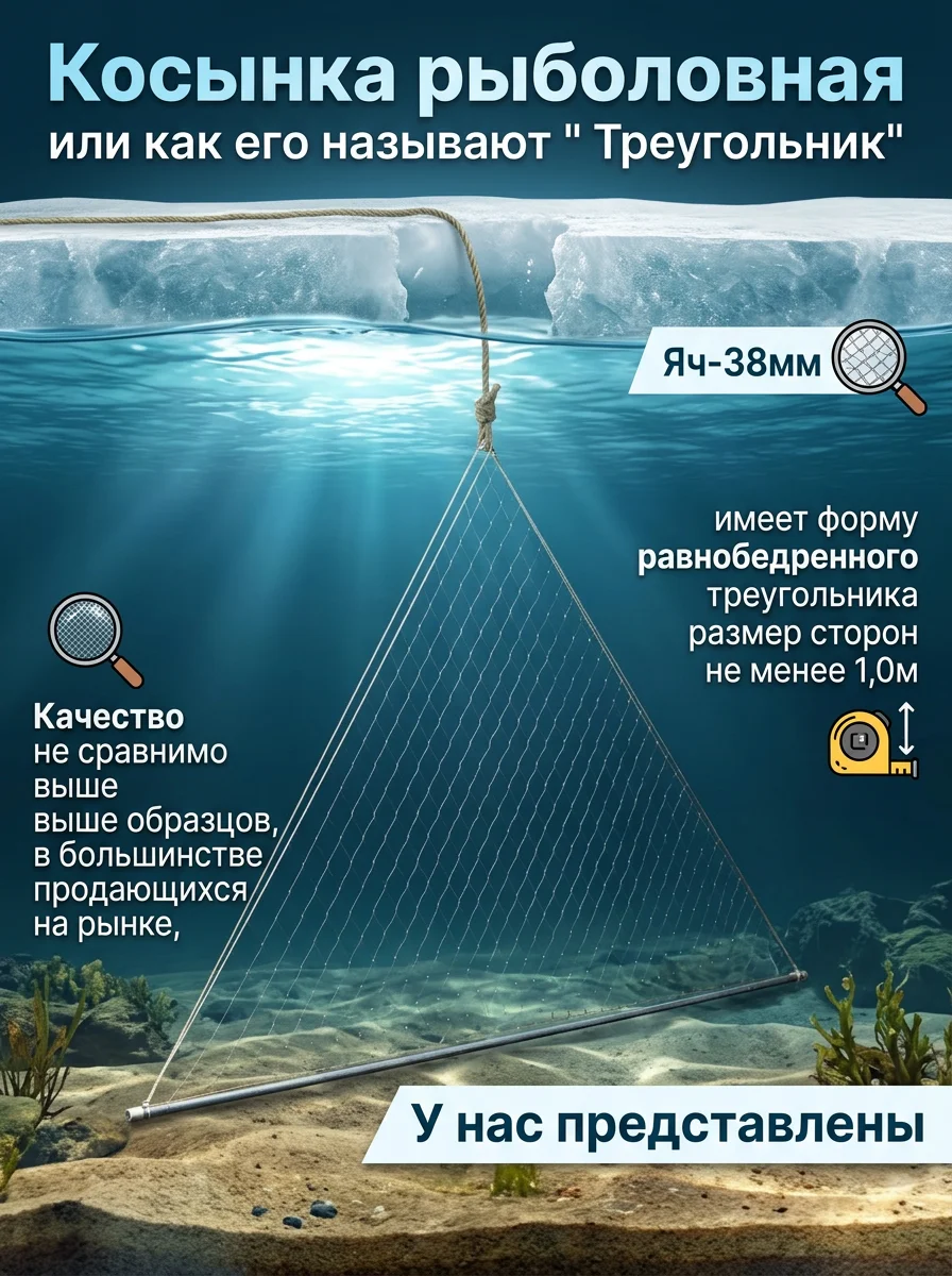 Косынка яч. 38мм , рыболовная "Треугольник", зимняя, оснащенная , одностенная, серебристая, леска. Размер 1м х 1м х 1м