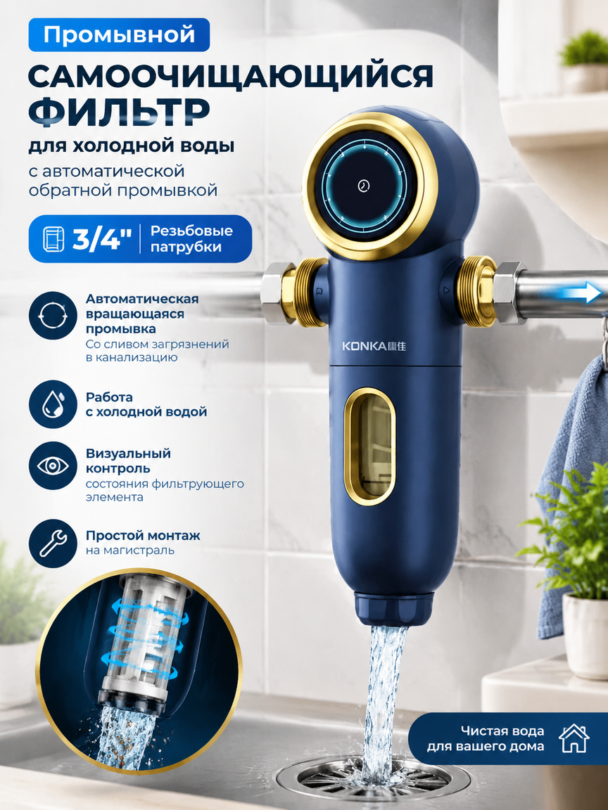 Промывной самоочищающийся фильтр 3/4" для холодной воды с автоматической обратной промывкой