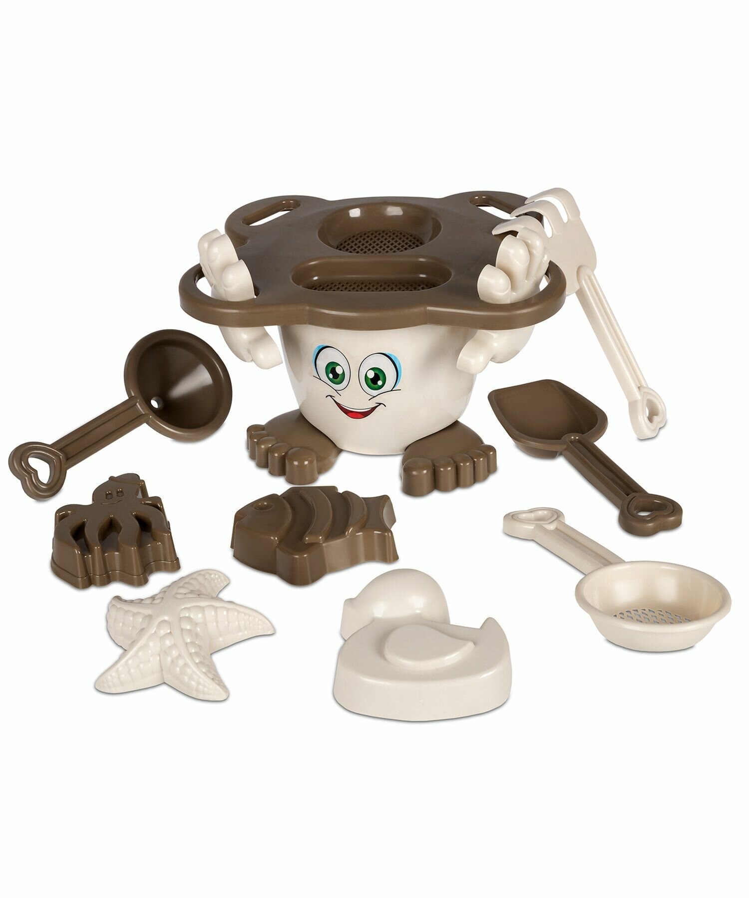 Детский игровой набор для песочницы в ведре, 4 формочки, лопатка, грабли, воронка и сито