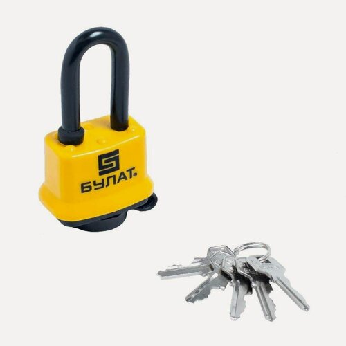 Изображение товара Замок навесной Булат ВС 0330-01, 42 мм, всепогодный, цилиндровый механизм, стальной, желтый, 5 ключей, автоматическое запирание