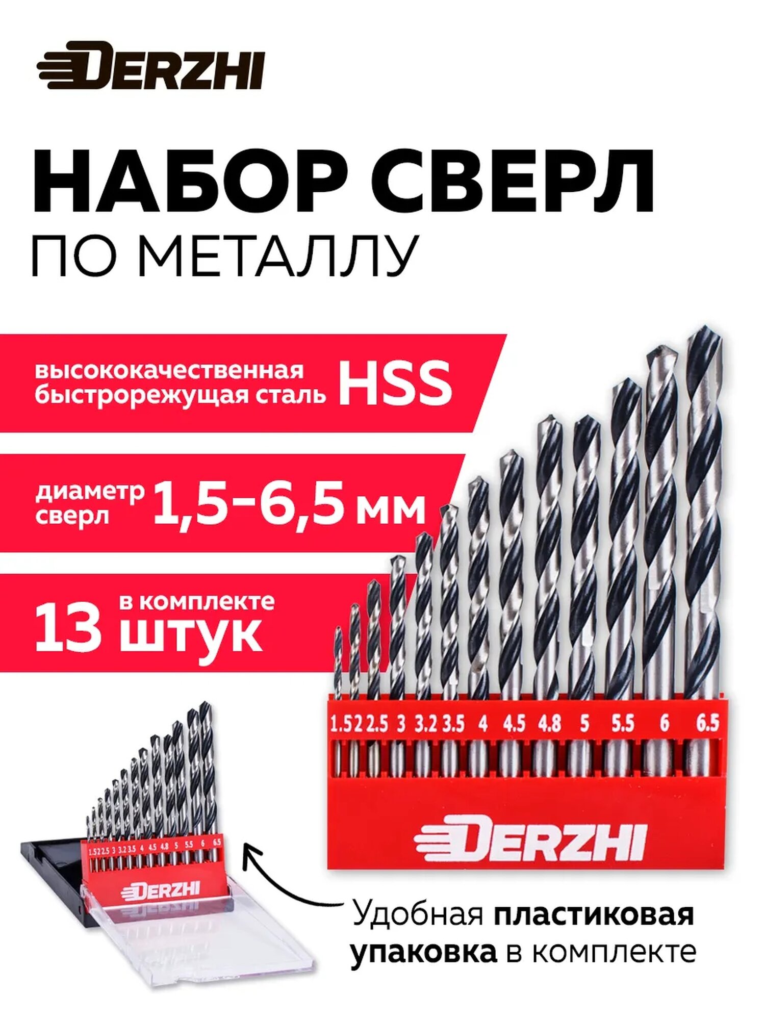 Сверла по металлу Derzhi HSS, 1.5-6.5мм, набор сверл 13шт спиральные