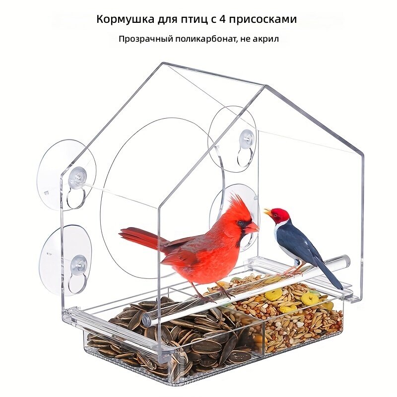 Кормушка для птиц на окно из прозрачного пластика с 4 присосками