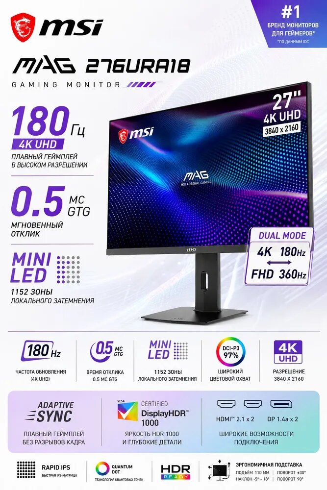 MSI 27" Монитор MSI игровой монитор MAG 276URA18 27" 4K UHD 180 Гц Mini LED 1152 зоны 0,5 мс Rapid IPS DisplayHDR 1000 HDMI 2.1 DisplayPort 1.4a VESA 100×100, IPS, 3840x2160 4K, 180 Гц, темно-синий, черный матовый