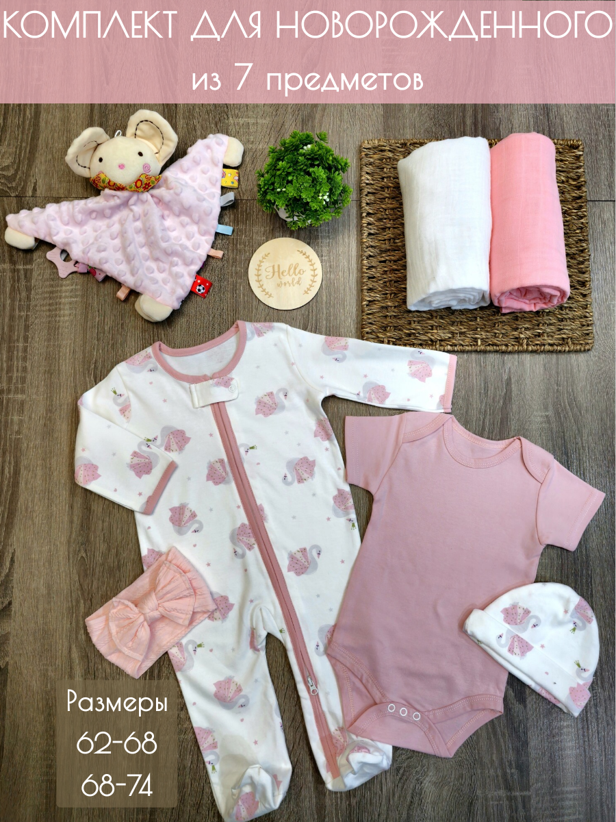 Подарочный набор/комплект на выписку для новорожденного Mama Panda (2 пеленки из муслина боди слип и чепчик игрушка для сна/комфортер)