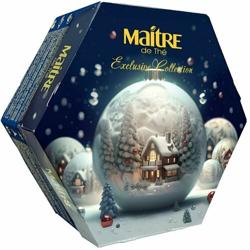 Набор чая подарочный в пакетиках ассорти Maitre de The "Эксклюзивная коллекция, новогодний Белый шар" 60пак 120г мэтр