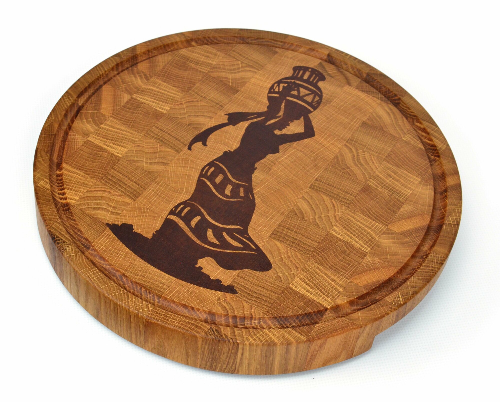 Торцевая доска "Девушка с кувшином" Wooden Plate, дуб/сапеле, красное дерево, 29 см