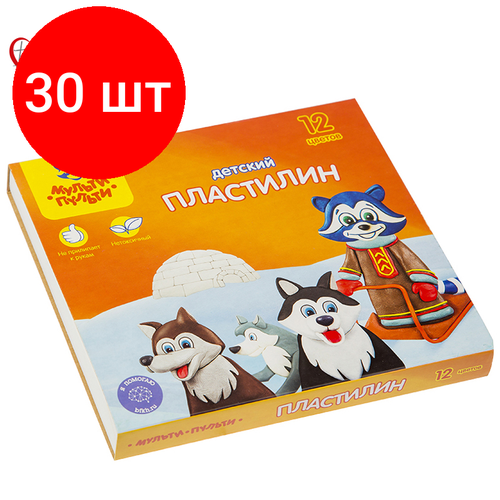 Комплект 30 шт, Пластилин Мульти-Пульти Енот на Аляске, 12 цветов, 180г, со стеком, картон