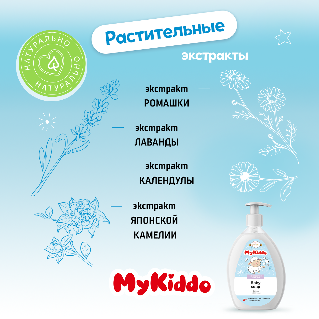 Мыло жидкое с с экстрактами календулы, ромашки, лаванды и пантенолом MyKiddo 300мл ООО УНИК КОСМЕТИК - фото №6