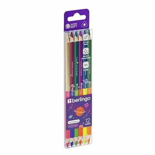 Карандаши цветные двусторонние металлик/неон Berlingo SuperSoft. Metallic-Neon, 12 цветов, 6 шт, трехгранные, заточенные