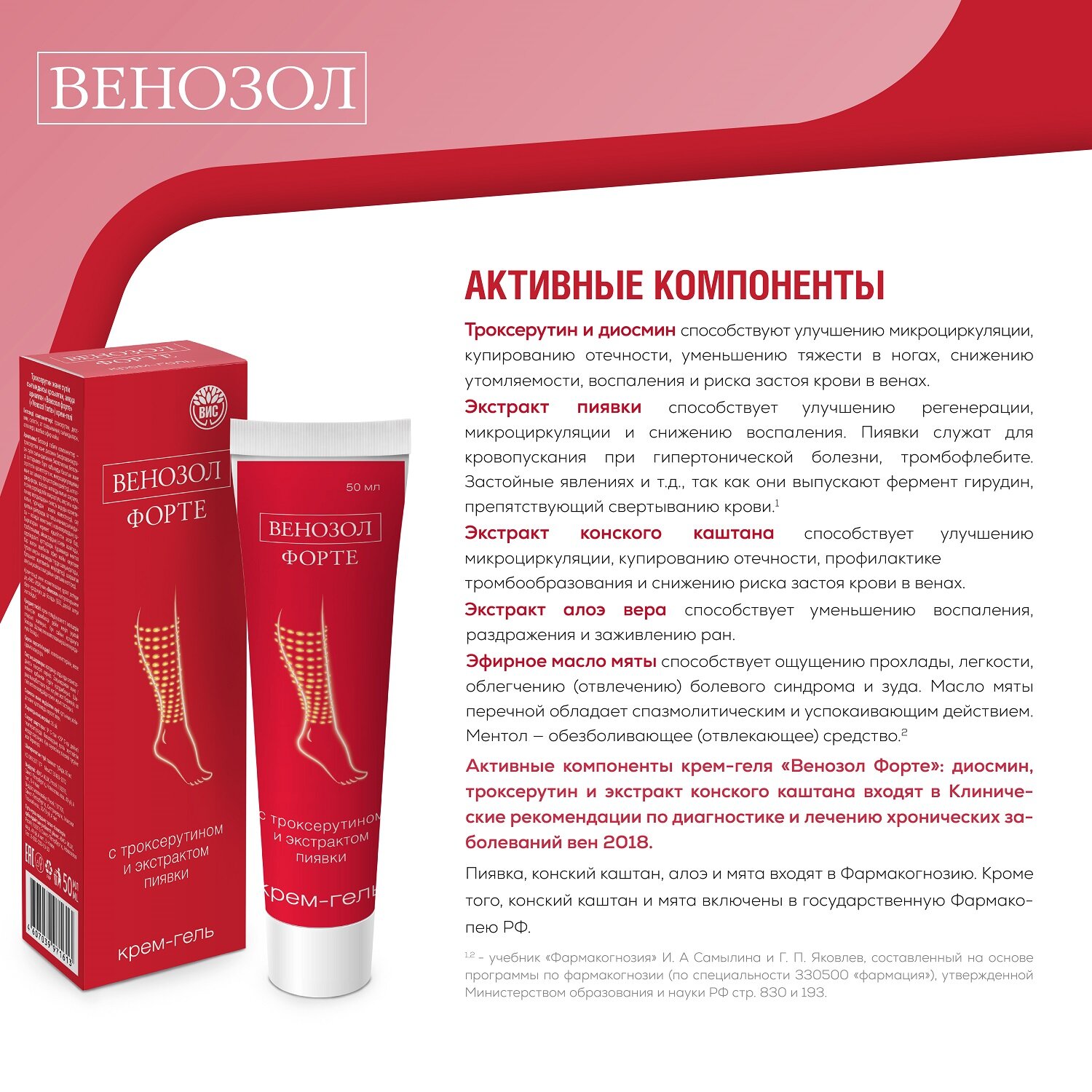 Изображение Венозол форте крем-гель для ног с троксерутином, диосмином, экстрактами пиявки 50 мл 1 шт