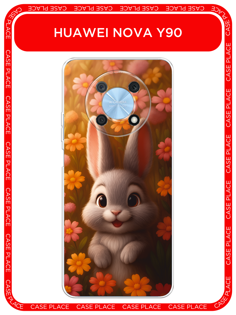 Чехол на Huawei Nova Y90 / Хуавей Нова 90 с принтом Серый зайка на лугу