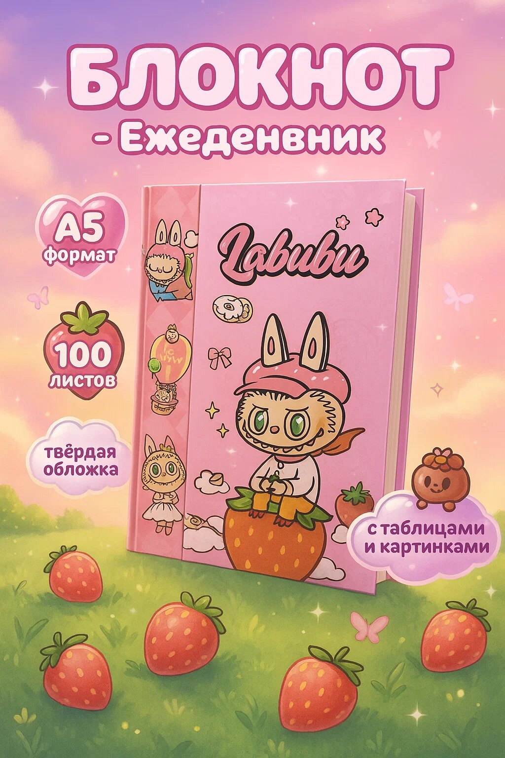 Блокнот-ежедневник «Labubu Strawberry Dream» — розовый А5 блокнот с твёрдой обложкой