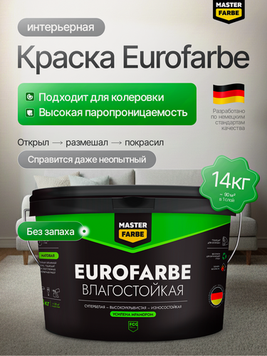 Изображение товара Краска акриловая для стен и потолка влагостойкая Eurofarbe Masterfarbe белая, 14 кг