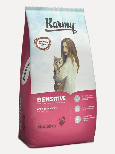 Изображение товара Сухой корм Karmy Sensitive для взрослых кошек с чувствительным пищеварением, с индейкой - 10 кг