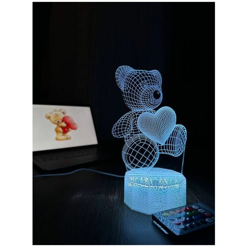 3D Светильник-ночник Мишка с Сердцем( Сердечком) , ночник для мальчиков и девочек