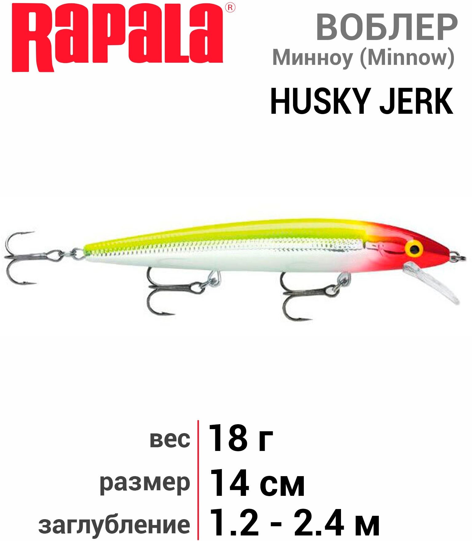 Воблер суспендер Rapala Husky Jerk HJ14-CLN (1,2м-2,4м, 14 см 18 гр) - фото №4