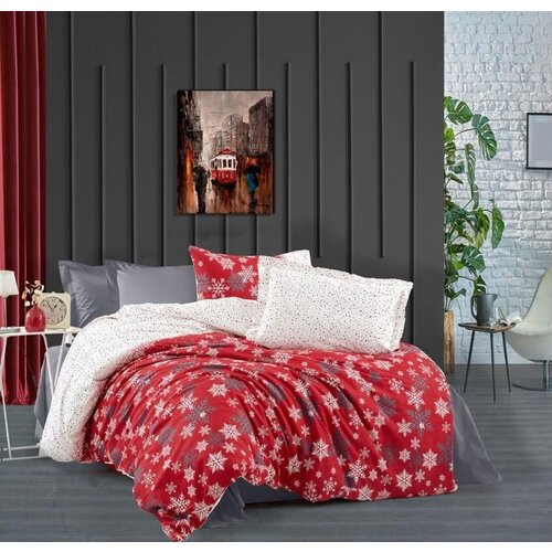 Комплект постельного белья CARWEN, Турция, хлопок 100%, евро, снежинки, красный