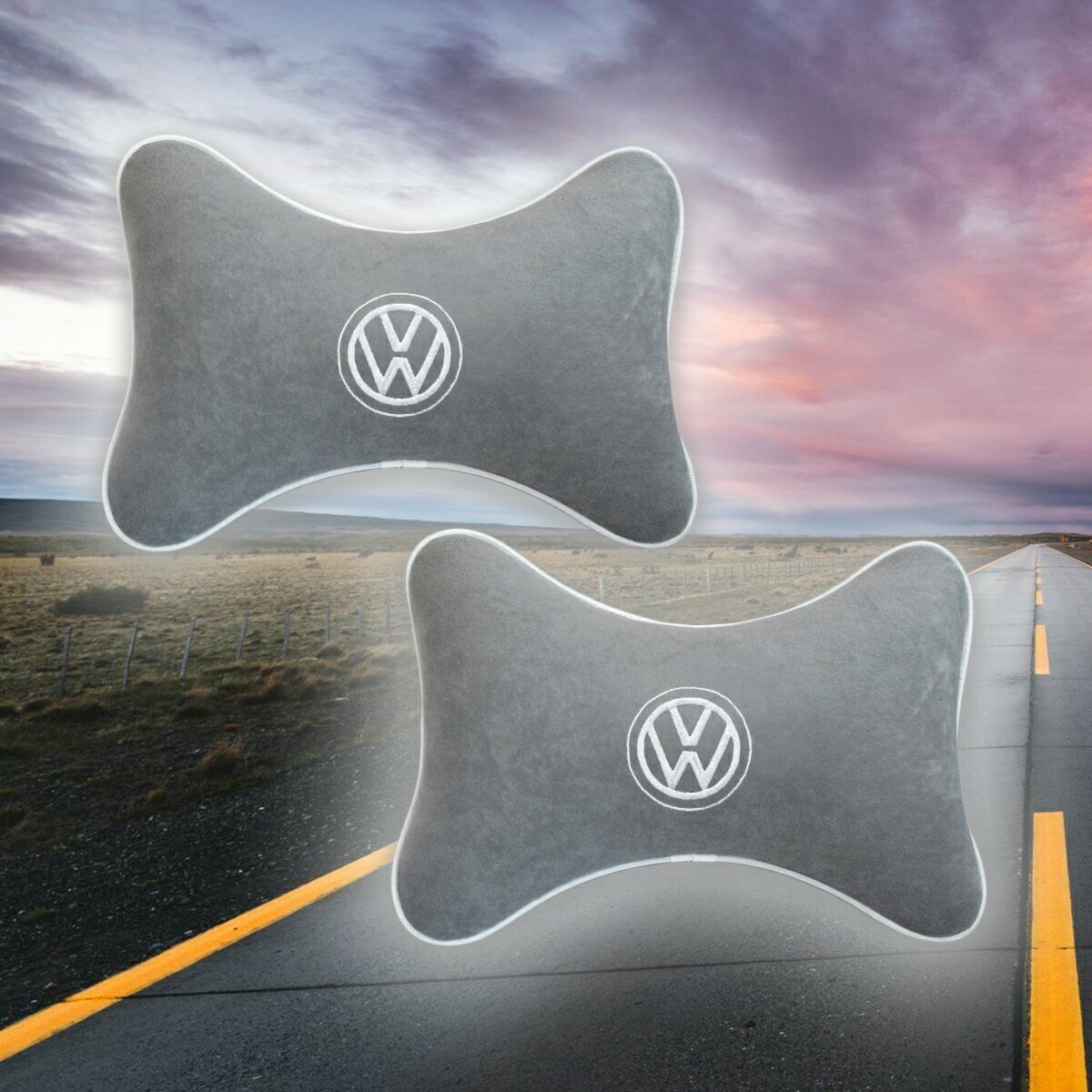 Комплект автомобильных подушек под шею на подголовник из серого велюра и вышивкой для Volkswagen (фольцваген) (2 подушки)