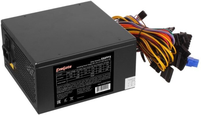 Exegate EX282073RUS Блок питания 550W 550PPX RTL, ATX, black, APFC, 14cm, 24p+(4+4)p PCI-E,4*IDE,5*S