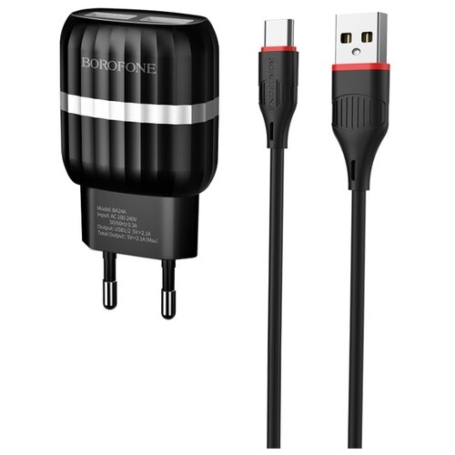 фото Блок питания сетевой 2 usb borofone, ba24a, vigour, 2100ma, пластик, кабель type-c, цвет: чёрный