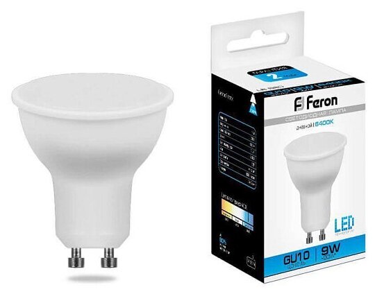 Лампа светодиодная LED 9вт 230в GU10 дневной | код 25844 | FERON (2шт. в упак.)