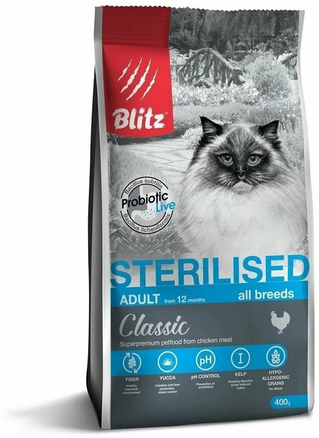 Сухой корм для стерилизованных кошек Blitz (Блиц) Sterilised Cats Chicken с курицей 400гр