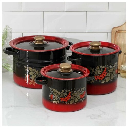 Набор кастрюль Рябинка 3 предмета 35558 л эмалированные крышки индукция цвет чёрно-красный 6050₽