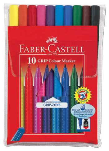 Набор фломастеров 10 цветов Faber-Castell Grip (линия 1-2мм, смываемые, трехгранные) пвх (155310)