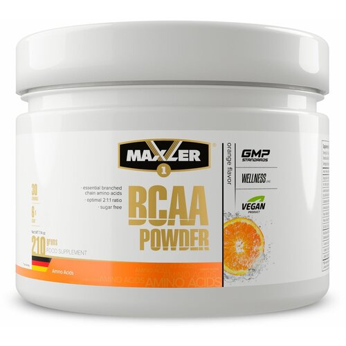Аминокислотный комплекс Maxler BCAA Powder, апельсин, 210 гр. maxler bcaa powder 2 1 1 sugar free 210 гр апельсин