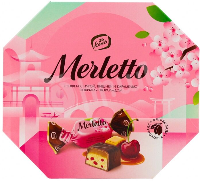 Конфеты Konti MERLETTO с нугой, кусочками вишни и карамелью, покрытые шоколадом, 150 г, картонная коробка - фотография № 6