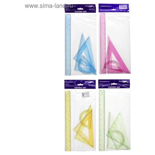 Набор геометрический линейка 30 см 2 угольника транспортир тонированный микс 209₽
