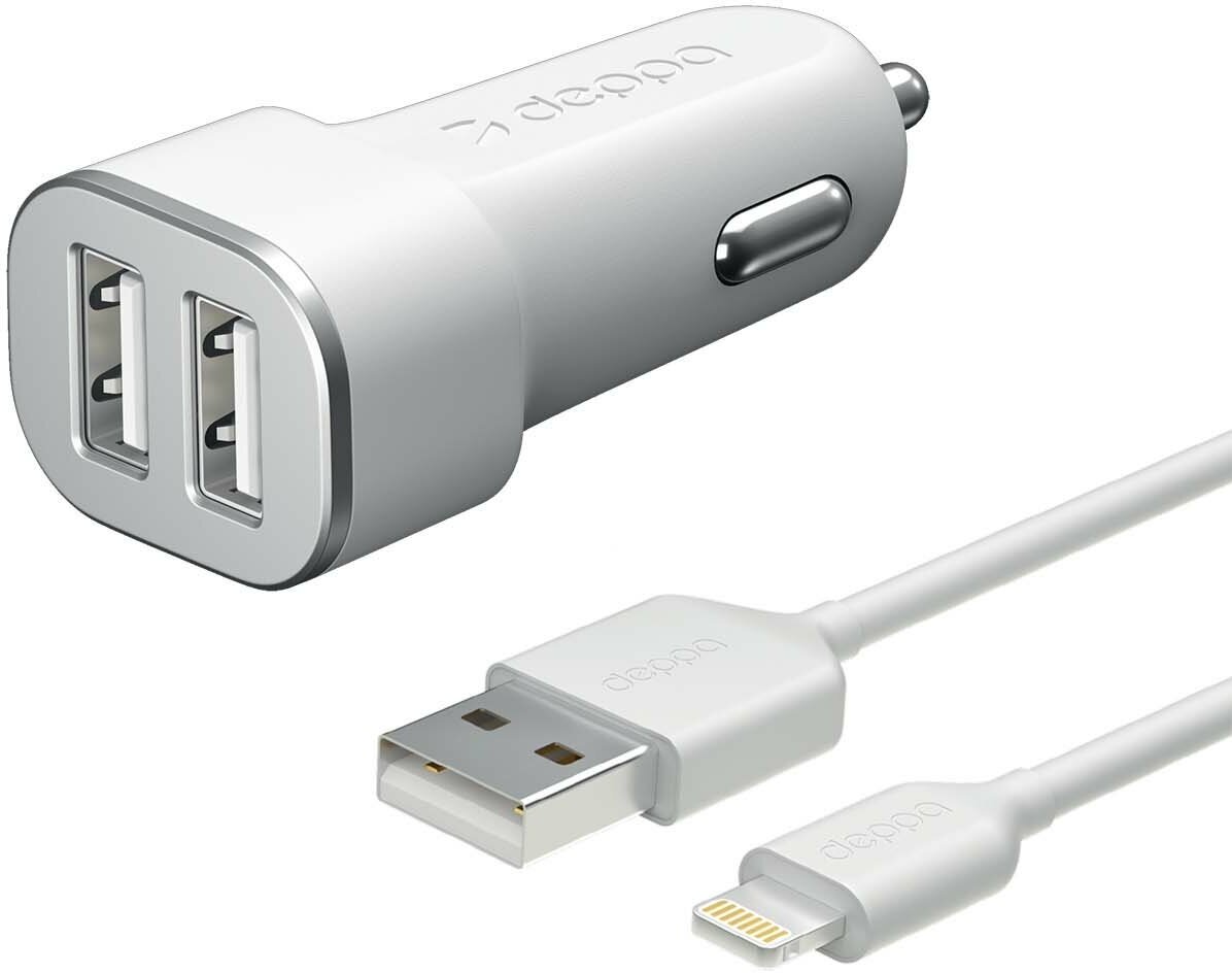 Автомобильное зарядное устройство для Apple Deppa 2 USB 2.4А + кабель Lightning MFI белый (11291)