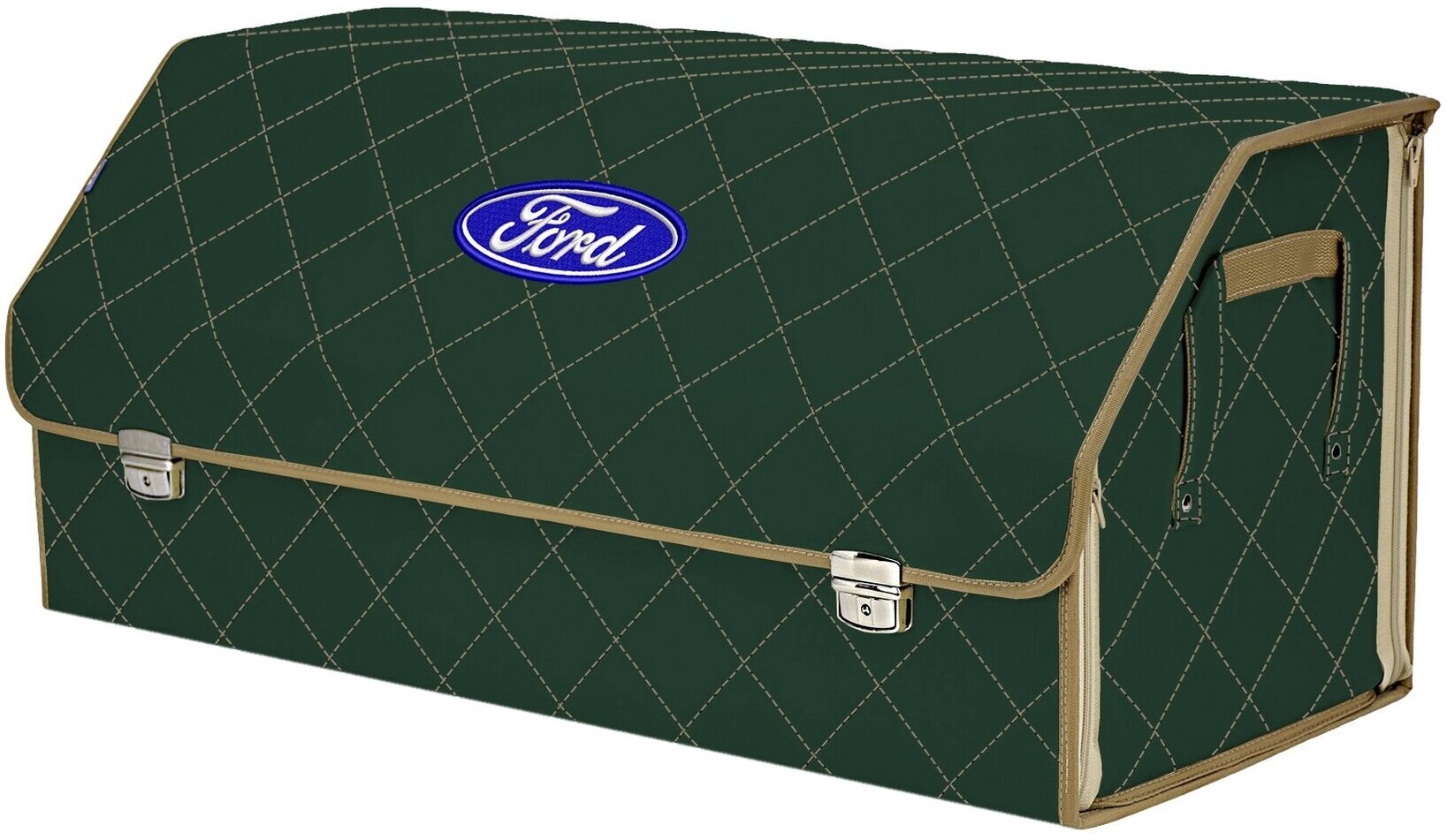 Органайзер-саквояж в багажник "Союз Премиум" (размер XXL). Цвет: зеленый с бежевой прострочкой Ромб и вышивкой Ford (Форд).