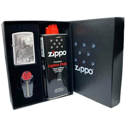 Подарочный набор ZIPPO ( Зажигалка ZIPPO 20855 Classic, серебристая, с покрытием Brushed Chrome + кремни + топливо, 125 мл )